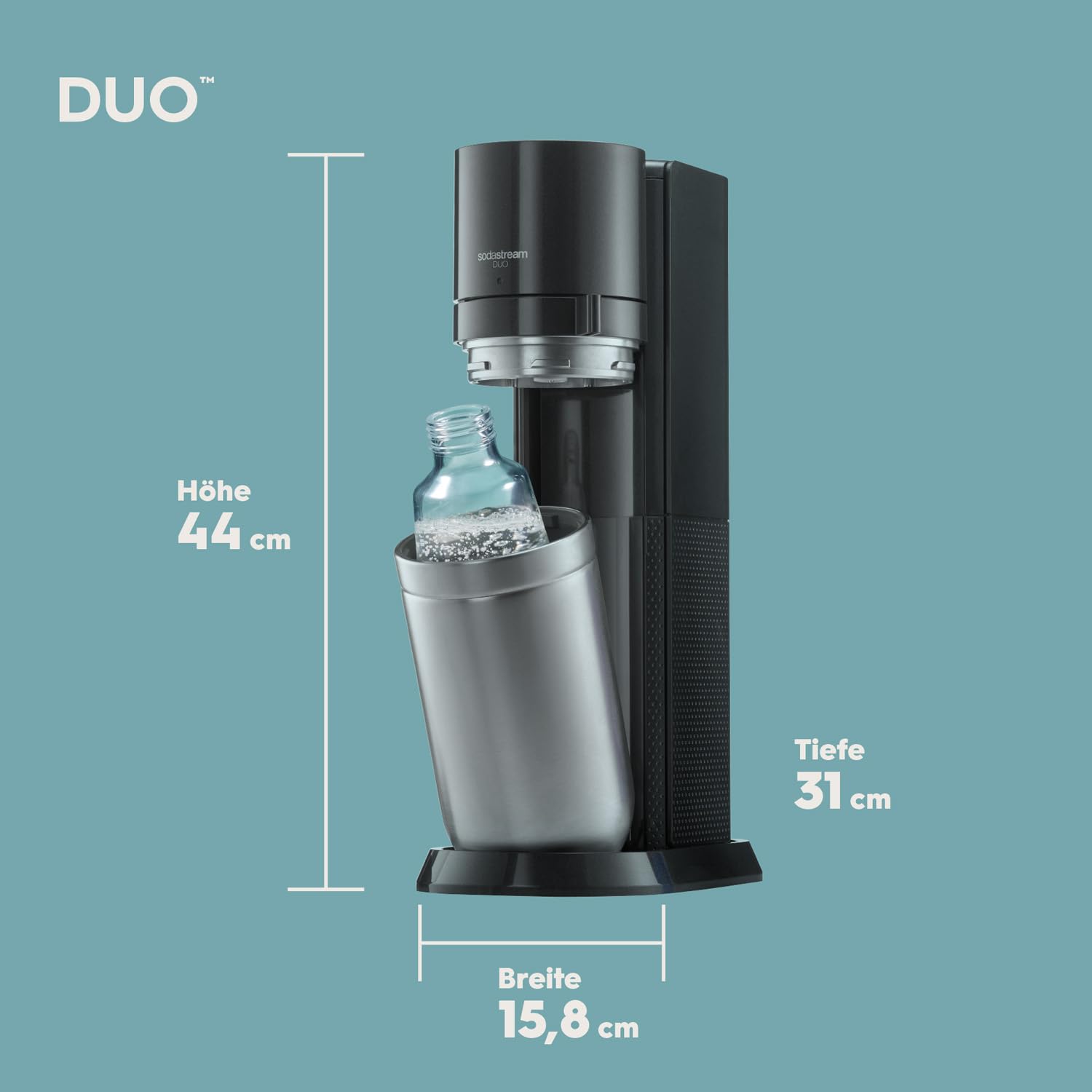SodaStream DUO Wassersprudler – inkl. 2× Glasflaschen & 2× FUSE Kunststoffflaschen, Quick-Connect CO₂, Titan