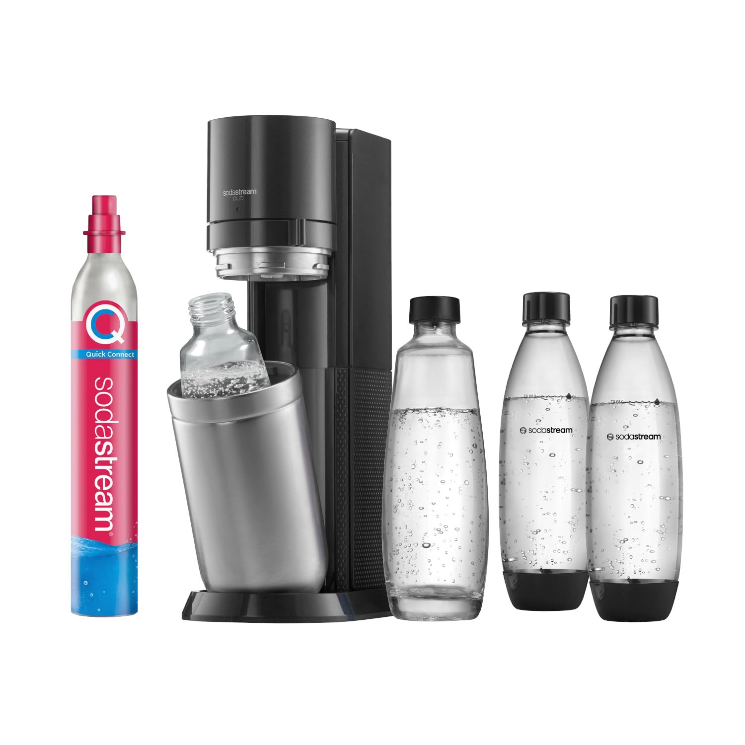 SodaStream DUO Wassersprudler – inkl. 2× Glasflaschen & 2× FUSE Kunststoffflaschen, Quick-Connect CO₂, Titan