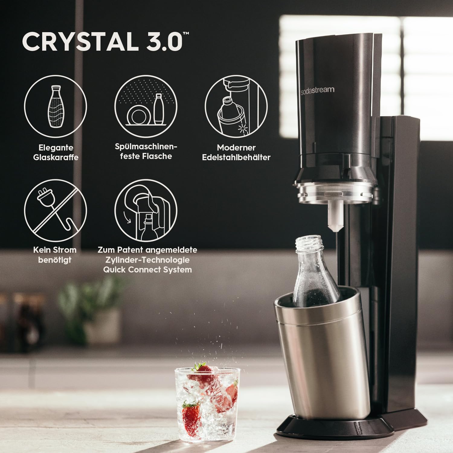 SodaStream Crystal 3.0 Wassersprudler – inkl. 4× 0,8L Glasflaschen, Quick-Connect CO₂, Pepsi Zero Sirup