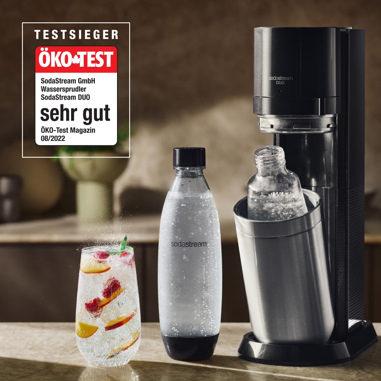 SodaStream DUO Wassersprudler – inkl. 2× Glasflaschen & 2× FUSE Kunststoffflaschen, Quick-Connect CO₂, Titan