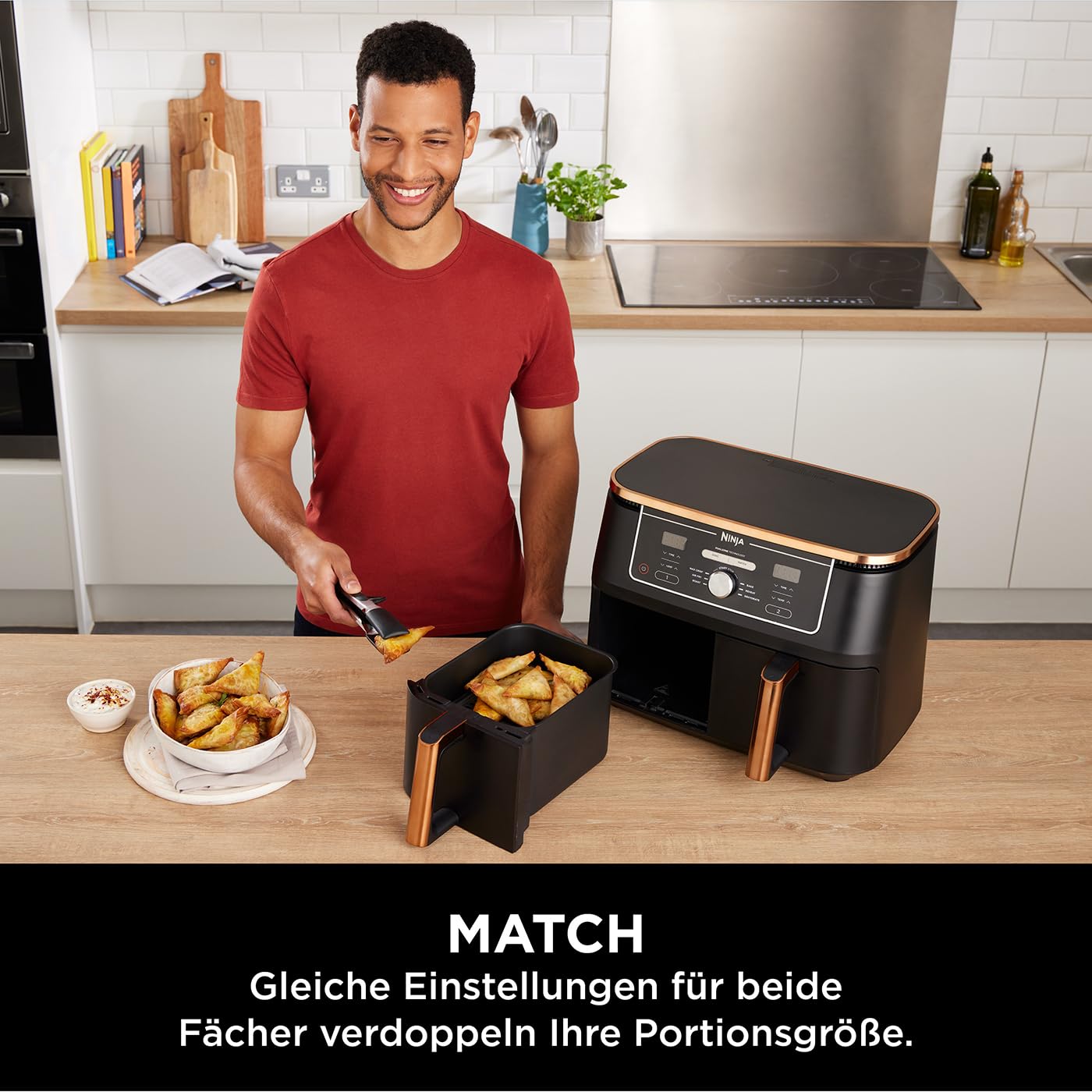 Ninja Foodi MAX Dual Zone Airfryer 9,5 L – AF400EUCP, 6-in-1, 2 Fächer, Antihaft, Kupfer/Schwarz