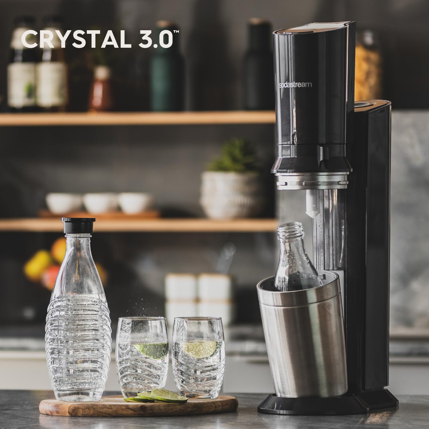 SodaStream Crystal 3.0 Wassersprudler – Titan/Schwarz inkl. CO₂-Zylinder & 2 Glaskaraffen