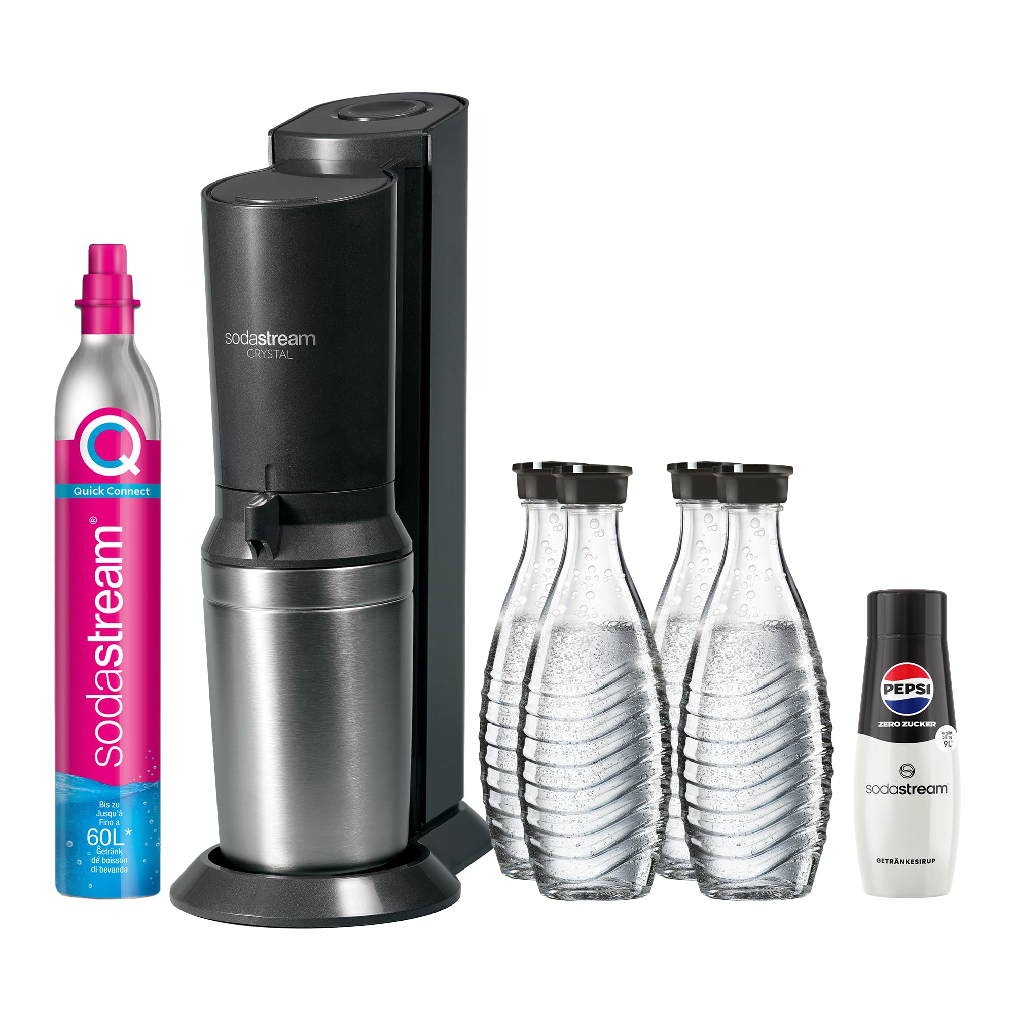 SodaStream Crystal 3.0 Wassersprudler – inkl. 4× 0,8L Glasflaschen, Quick-Connect CO₂, Pepsi Zero Sirup