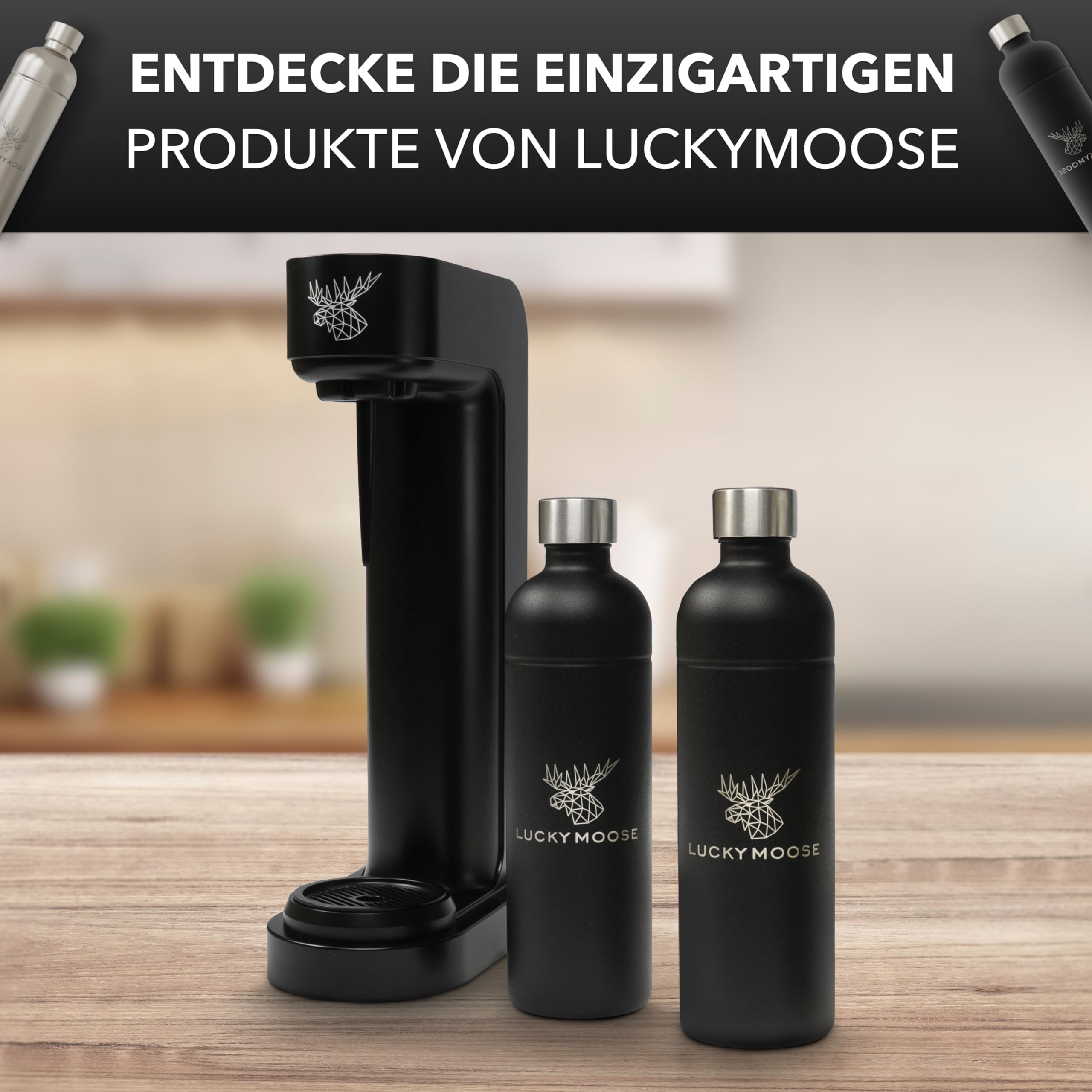 Luckymoose Infinity Wassersprudler – 2× 1,25 L Edelstahlflaschen, automatische Stopp-Funktion, Schwarz