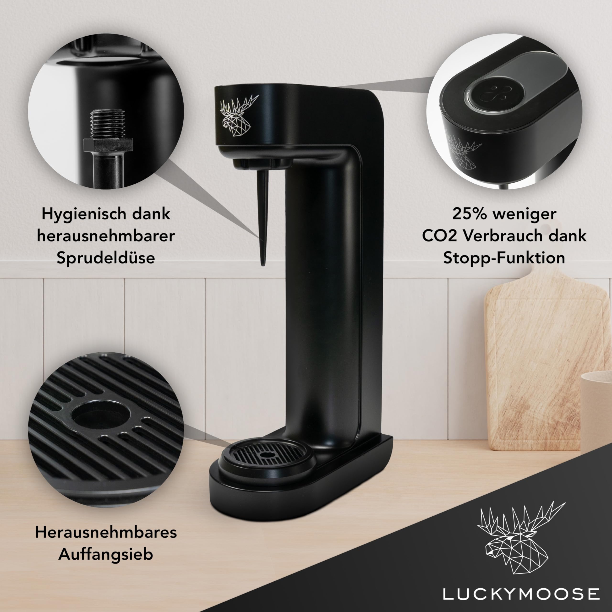 Luckymoose Infinity Wassersprudler – 2× 1,25 L Edelstahlflaschen, automatische Stopp-Funktion, Schwarz