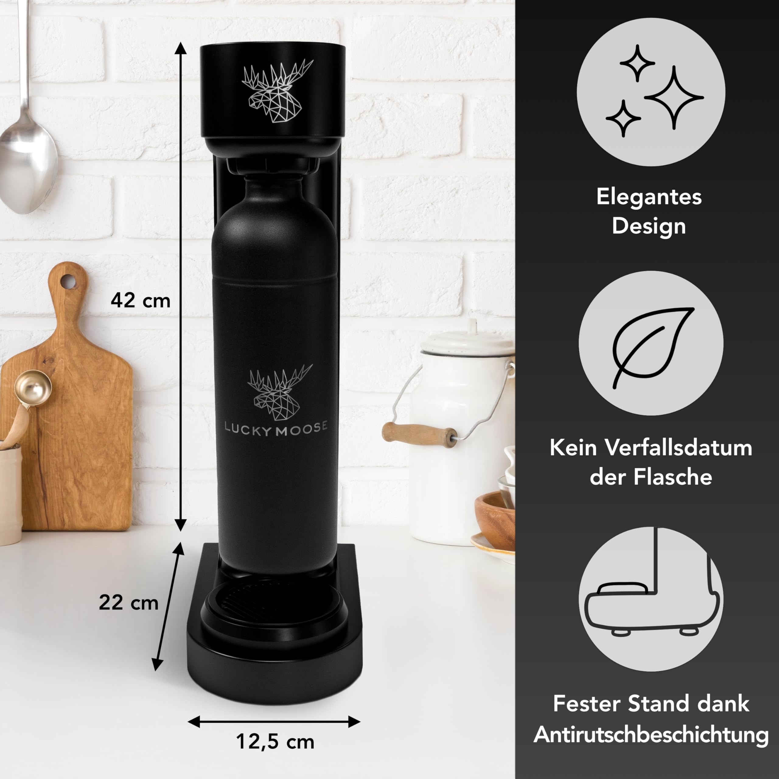 Luckymoose Infinity Wassersprudler – 2× 1,25 L Edelstahlflaschen, automatische Stopp-Funktion, Schwarz