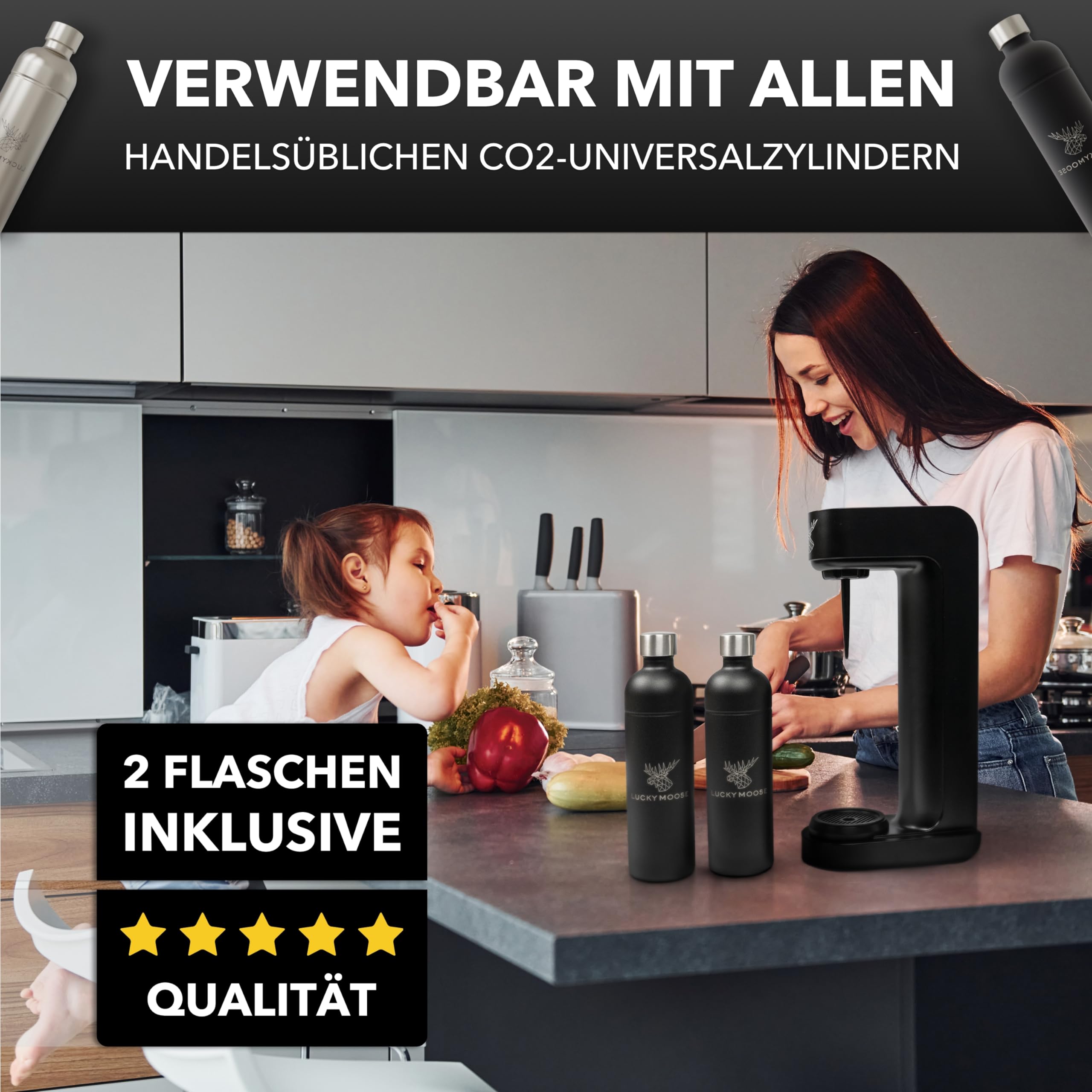Luckymoose Infinity Wassersprudler – 2× 1,25 L Edelstahlflaschen, automatische Stopp-Funktion, Schwarz