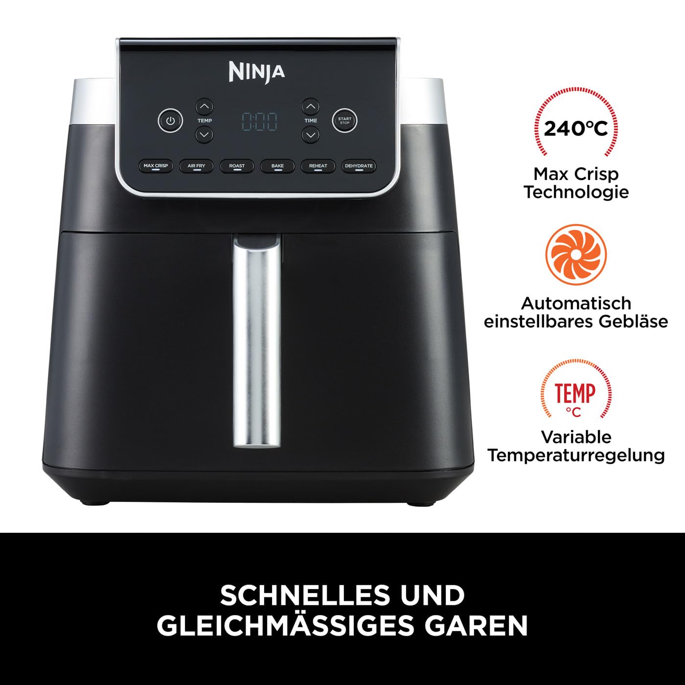 Ninja Air Fryer MAX PRO 6,2 L – 6-in-1 Heißluftfritteuse, Antihaft, spülmaschinenfest, Grau