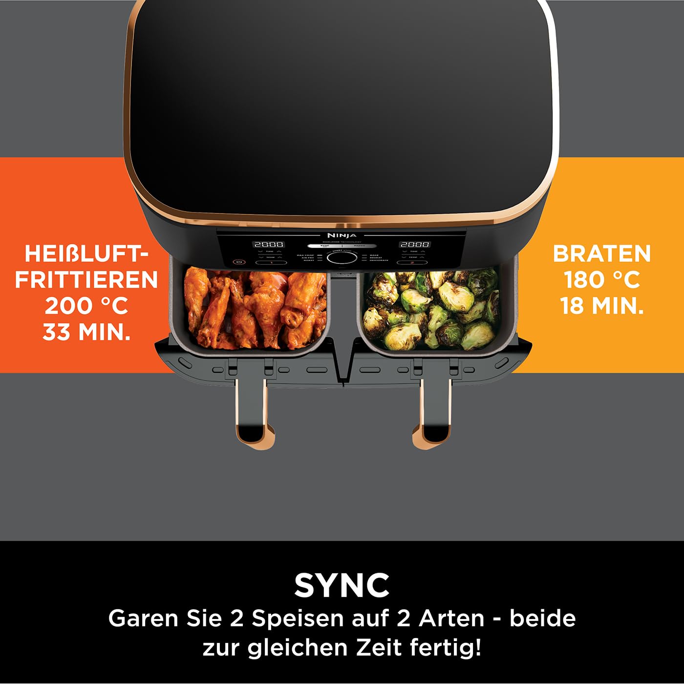 Ninja Foodi MAX Dual Zone Airfryer 9,5 L – AF400EUCP, 6-in-1, 2 Fächer, Antihaft, Kupfer/Schwarz