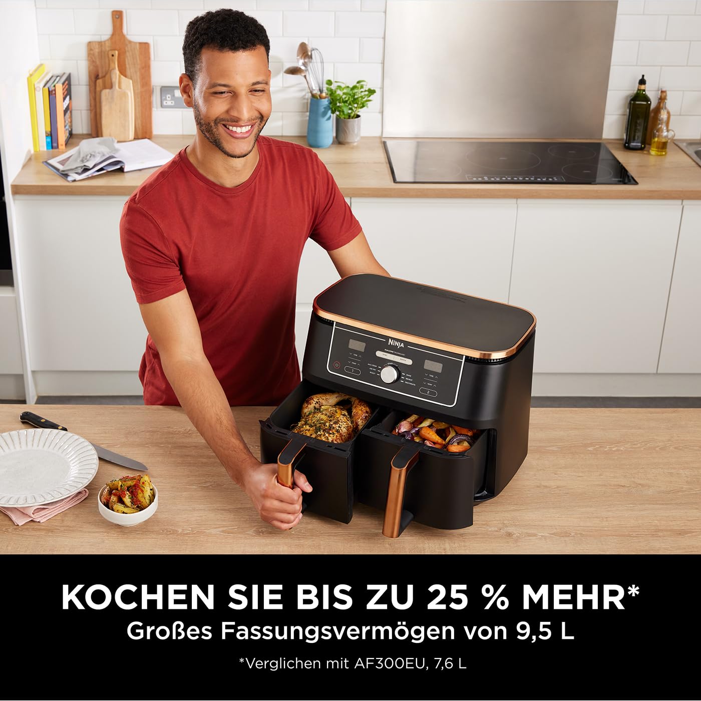 Ninja Foodi MAX Dual Zone Airfryer 9,5 L – AF400EUCP, 6-in-1, 2 Fächer, Antihaft, Kupfer/Schwarz