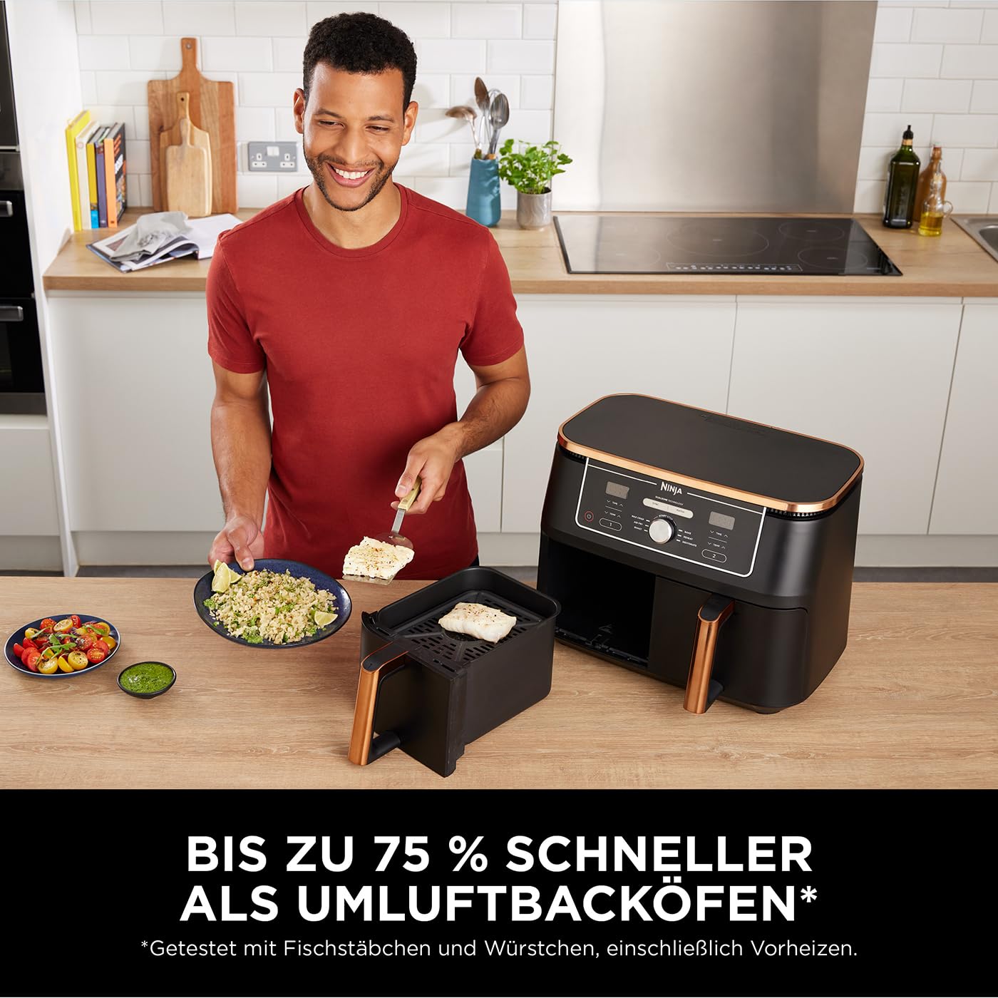 Ninja Foodi MAX Dual Zone Airfryer 9,5 L – AF400EUCP, 6-in-1, 2 Fächer, Antihaft, Kupfer/Schwarz