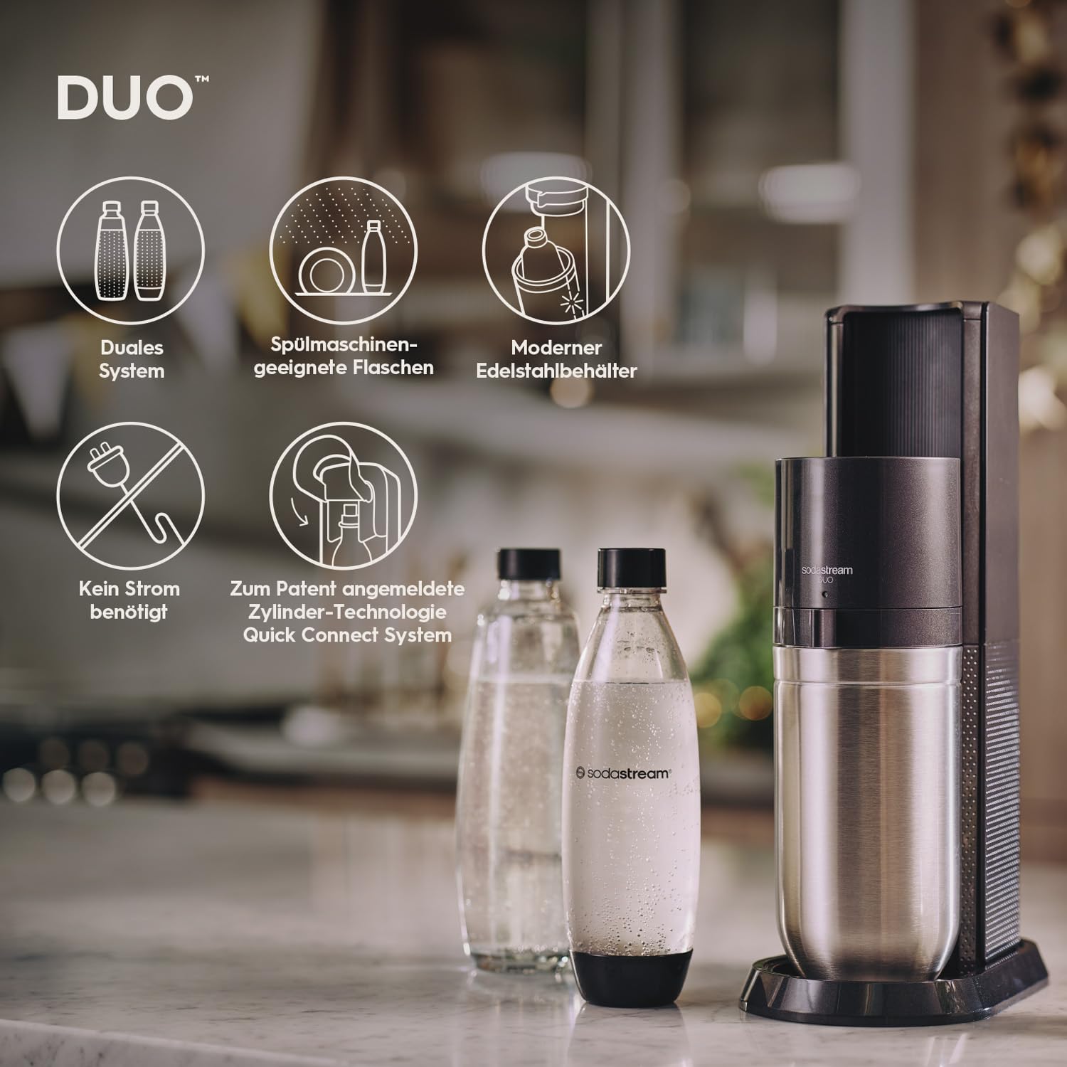 SodaStream DUO Wassersprudler – inkl. 2× Glasflaschen &amp; 2× FUSE Kunststoffflaschen, Quick-Connect CO₂, Titan