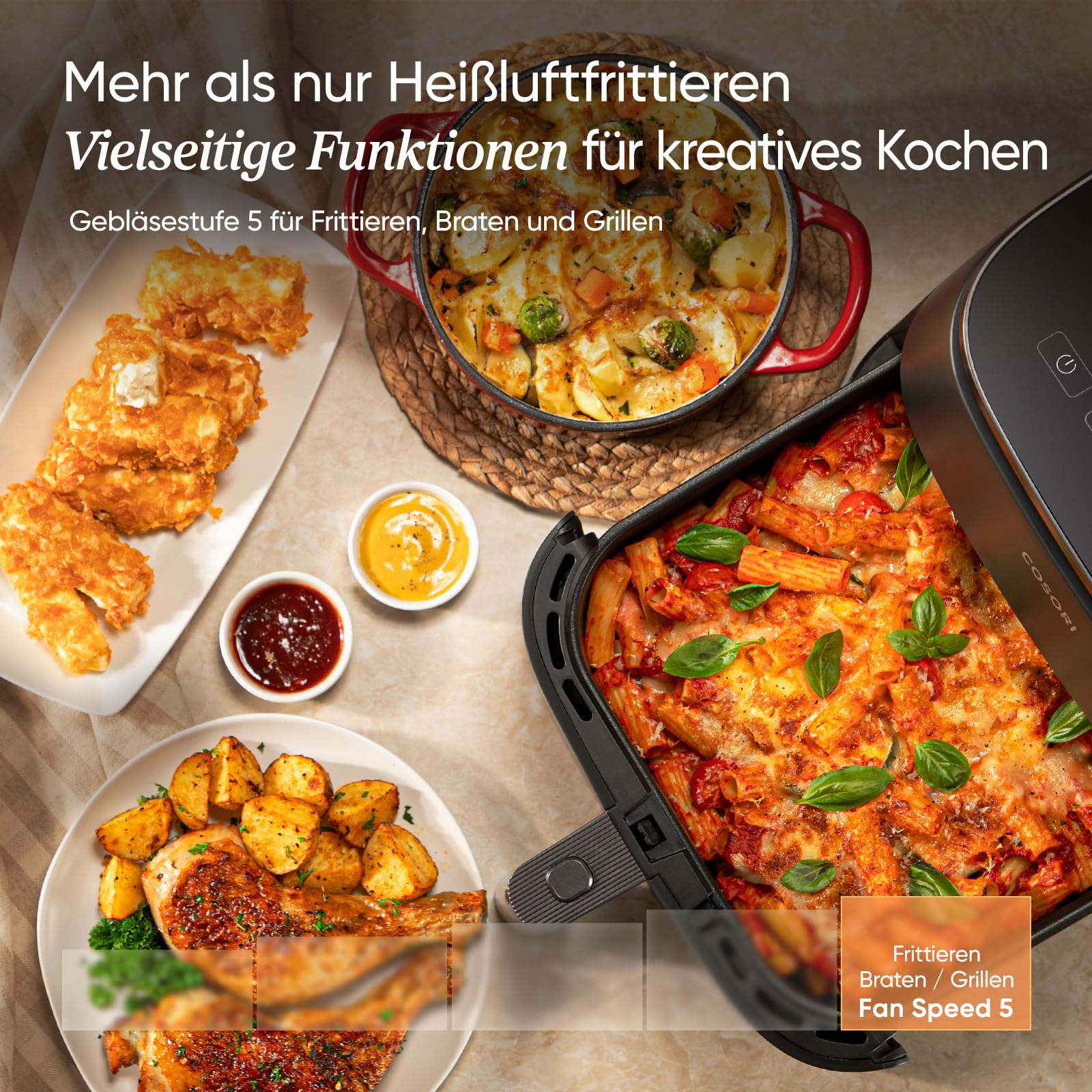 COSORI TurboBlaze Heißluftfritteuse 6L – 9-in-1 Airfryer, leiser DC-Motor, 5 Gebläsestufen, 64 % energiesparend